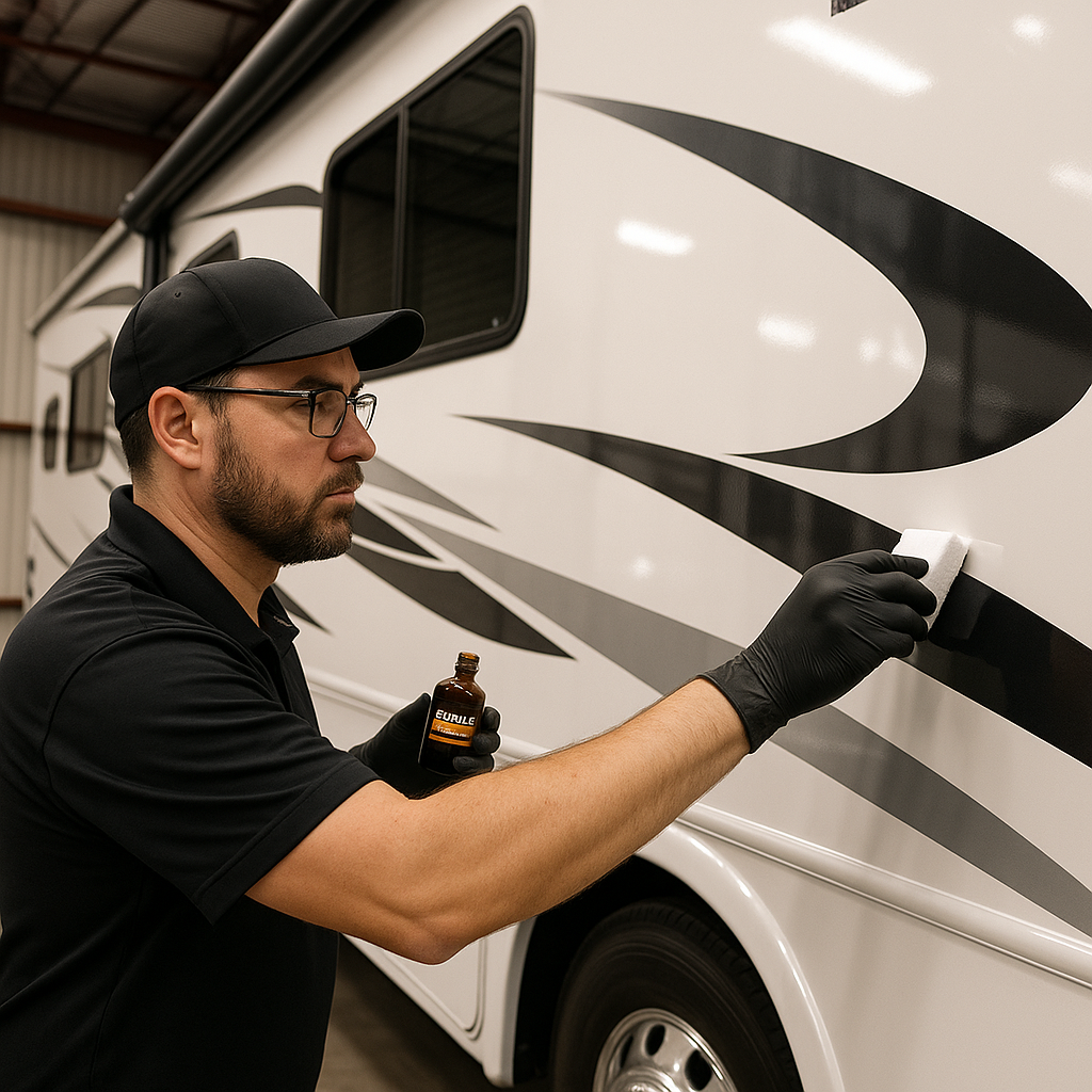 Professional multi-layer ceramic coating application on RV exterior, Fresno CA